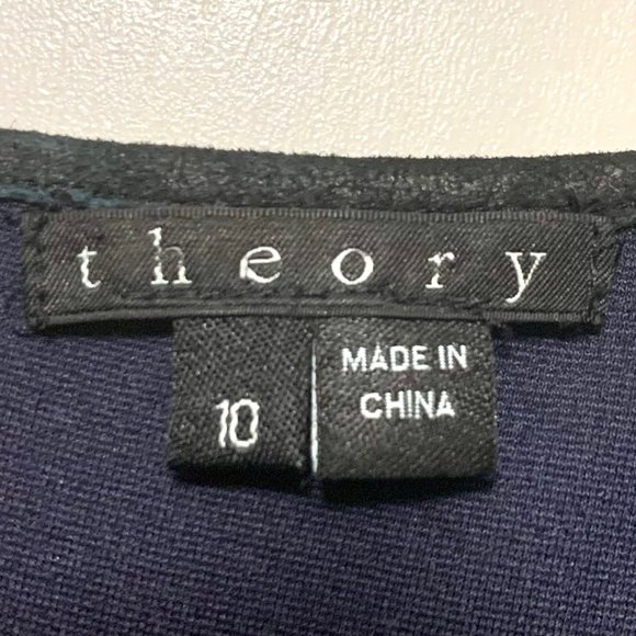 Theory Leilana Leather Trim Shift Dress Womens 10 Navy Blue Black Leather - Picture 8 of 10